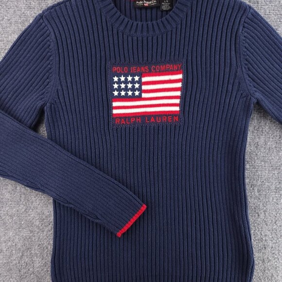 Ralph Lauren Polo Jeans Flag Sweater USA Women Ribbed Knit Navy Cotton Large